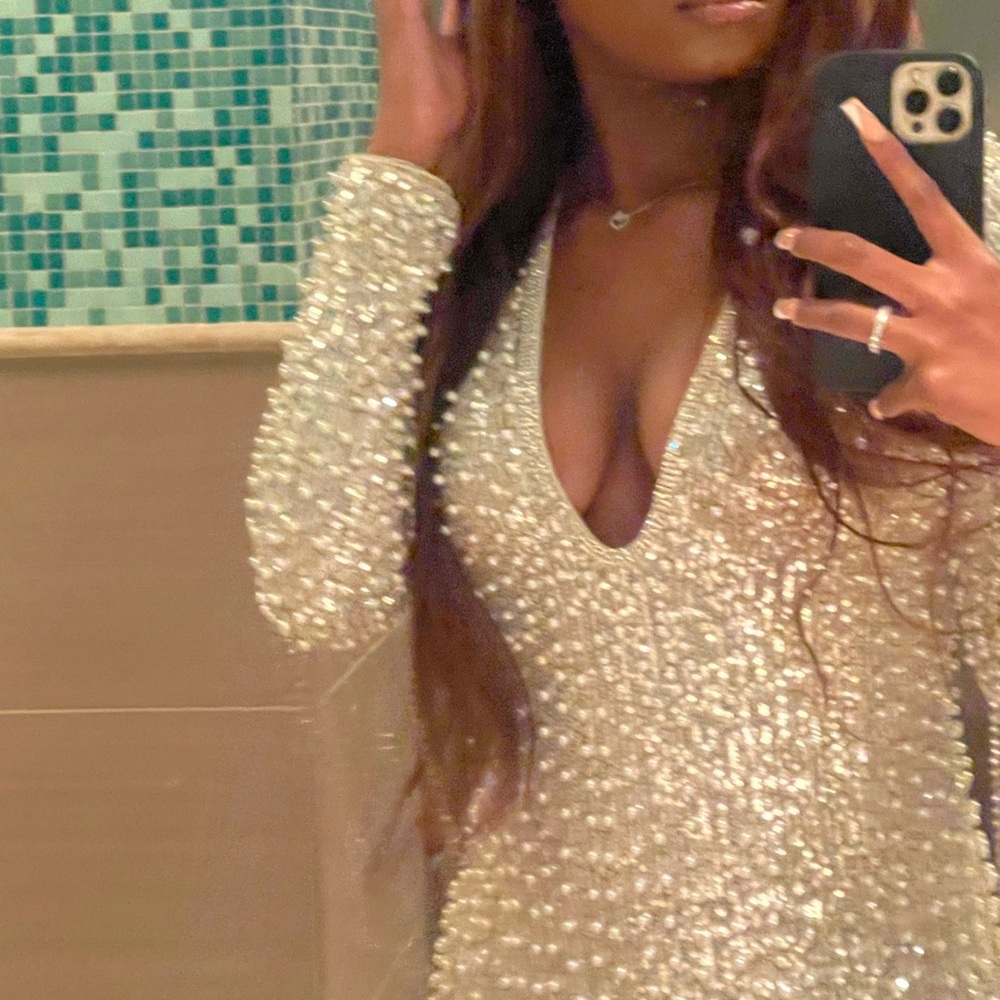 Cream Embellished Long Sleeve Dress